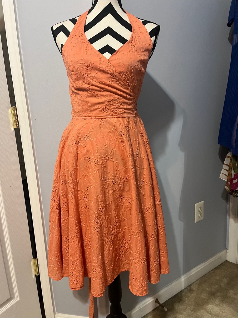 Ecologie Halter Lace Fit-and-Flare Dress in peach, 6